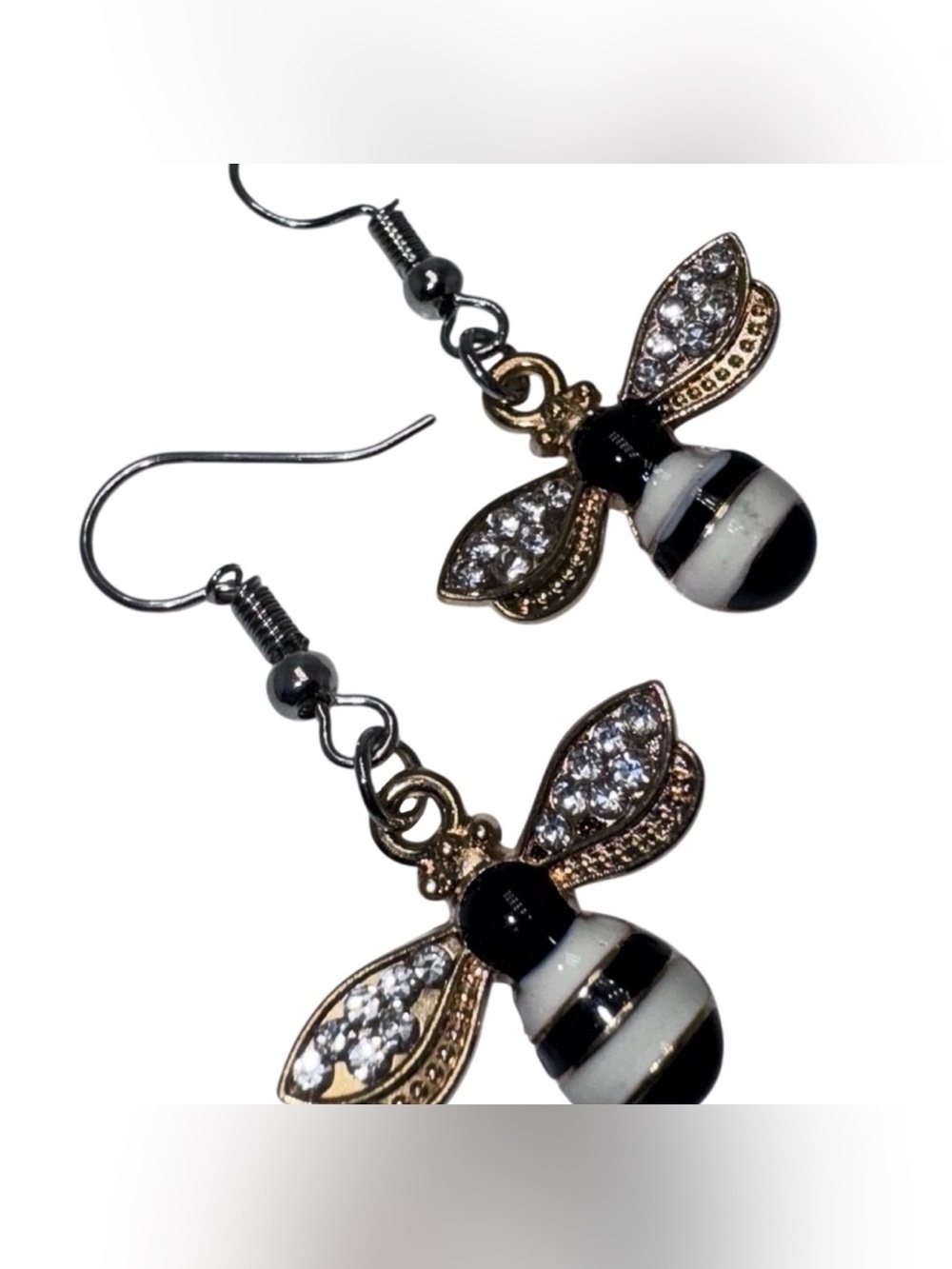 White & Black Bumble Bee Handmade Dangle/Fishhook Earrings